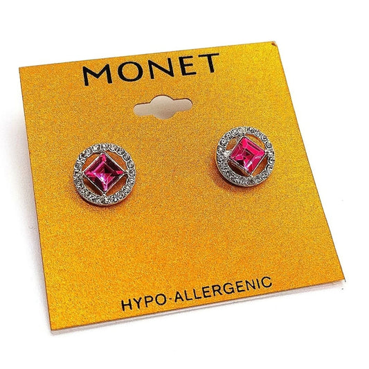 MONET Pink Swarovski Crystal Stud Earrings in Silver