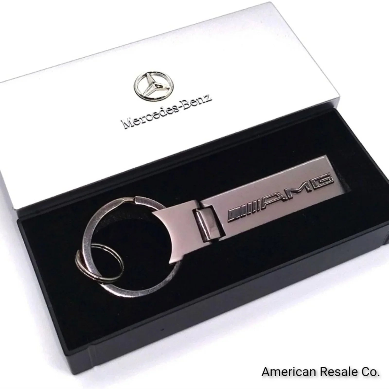 Genuine Mercedes Benz Gloss Gunmetal Silver Elongated Key Fob Keychain OEM-Boxed