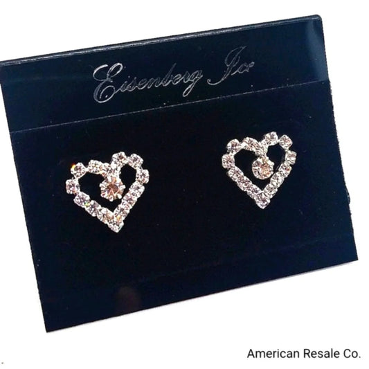 Vintage Eisenberg Ice Pave Crystal 1/2" Heart Stud Dangle Drop Earrings-Silver
