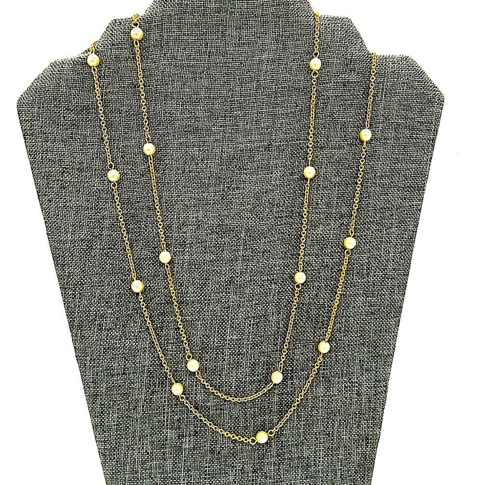 New JOAN RIVERS Vintage 48” Gold Glass Pearl Station Layered Statement Necklace