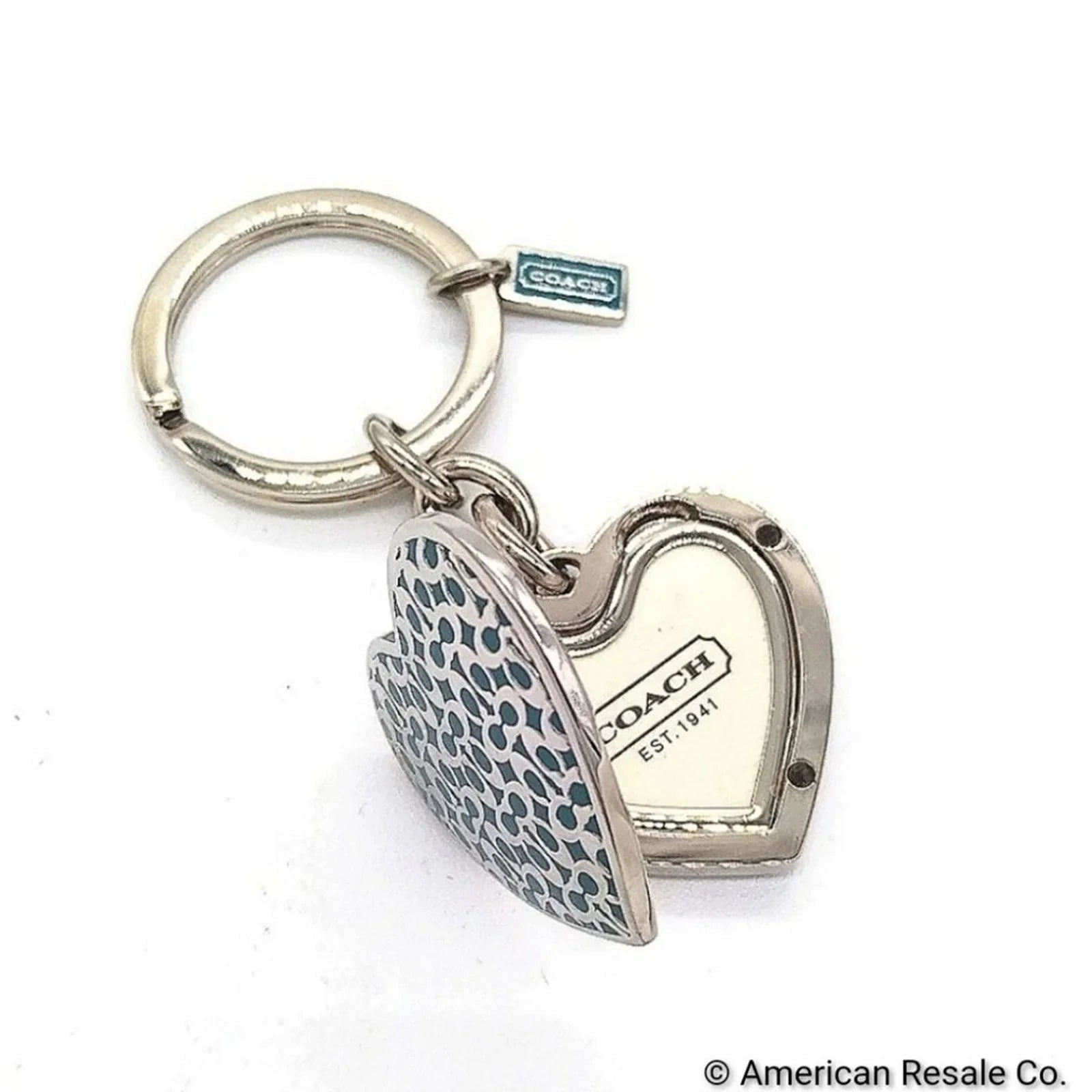 Rare COACH Sky Blue Large Heart Picture Locket Keychain Fob Purse Handbag Charm