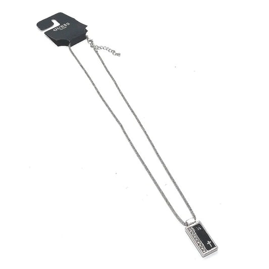 GUESS 24" Cross Dog Tag Bling Cubic Zirconia Crystal Necklace in Black & Silver