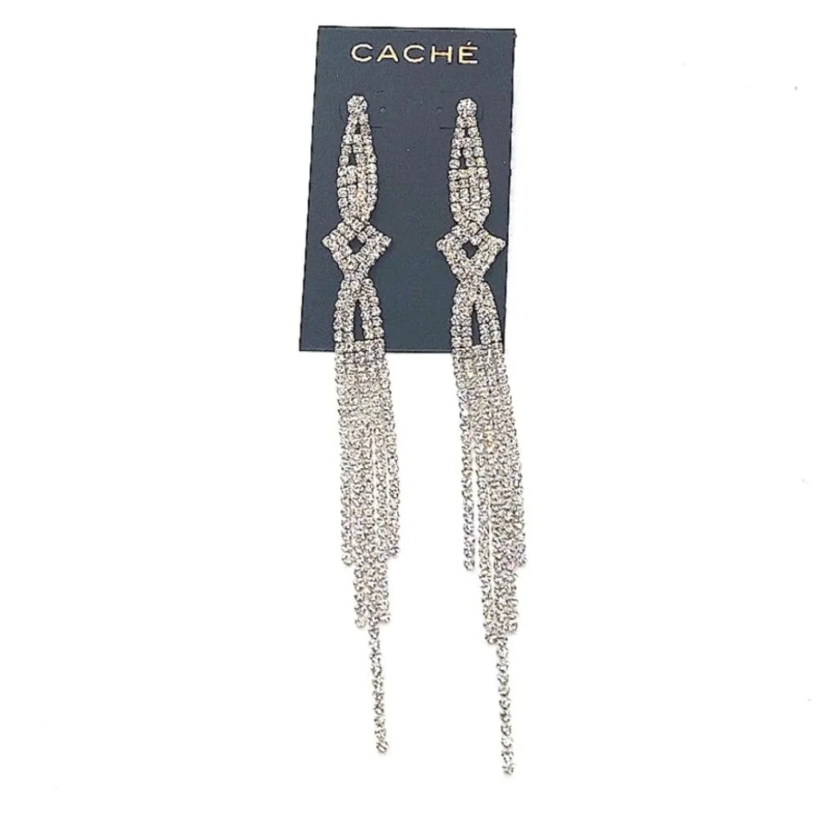 $130 CACHE Designer Crystal Tennis Bracelet and ChandelierEarrings Set-Silver