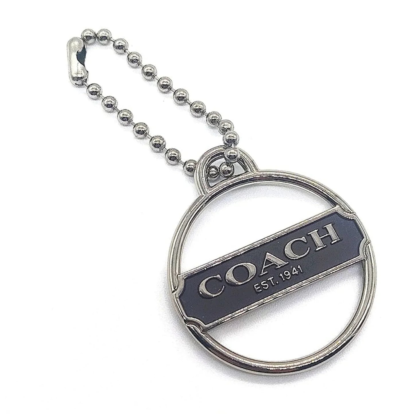 Rare COACH Keychain Fob in espresso enamel with silver medallion and ball chain, 100% authenticity guaranteed.
