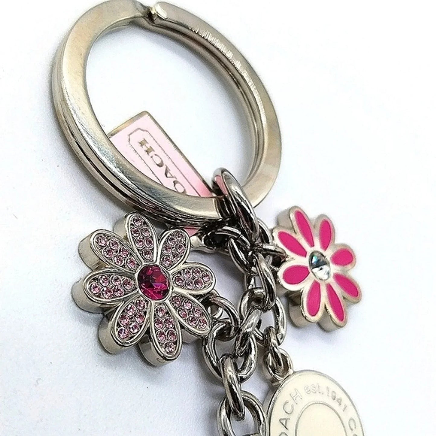 COACH Vintage Pink Heat Daisy Swarovski Crystal Keychain Fob Purse Charm