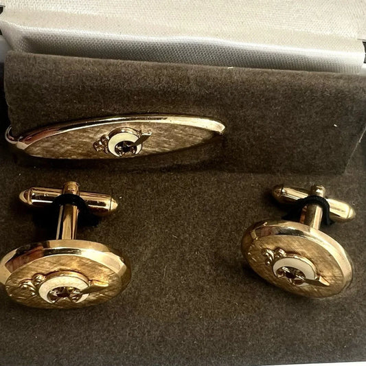 Vintage Masonic Shriner Moon Sword Gold Cuff Links Tie Bar Tie Clip Set-ROYALE