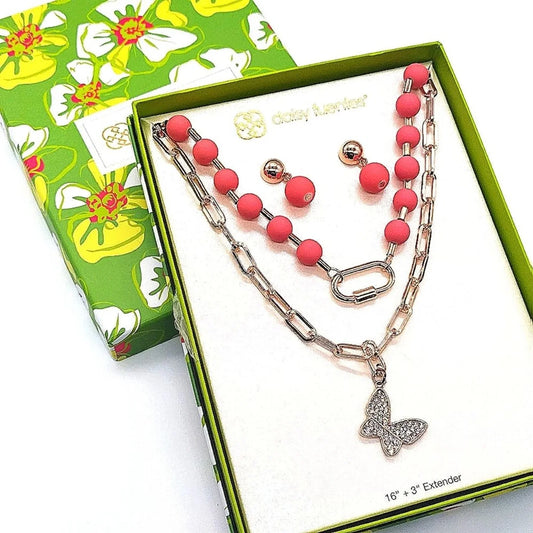 RARE DAISY FUENTES Gold Butterfly CZ Pendant Statement Necklace and earrings set