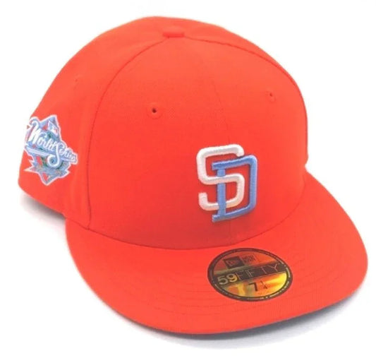 SAN DIEGO PADRES 1998 WORLD SERIES ORANGE ICY BLUE BRIM NEW ERA FITTED HAT 7 1/4