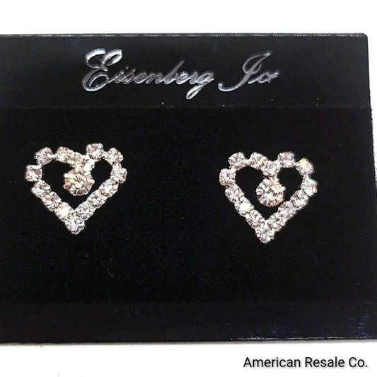 Vintage Eisenberg Ice Pave Crystal 1/2" Heart Stud Dangle Drop Earrings-Silver