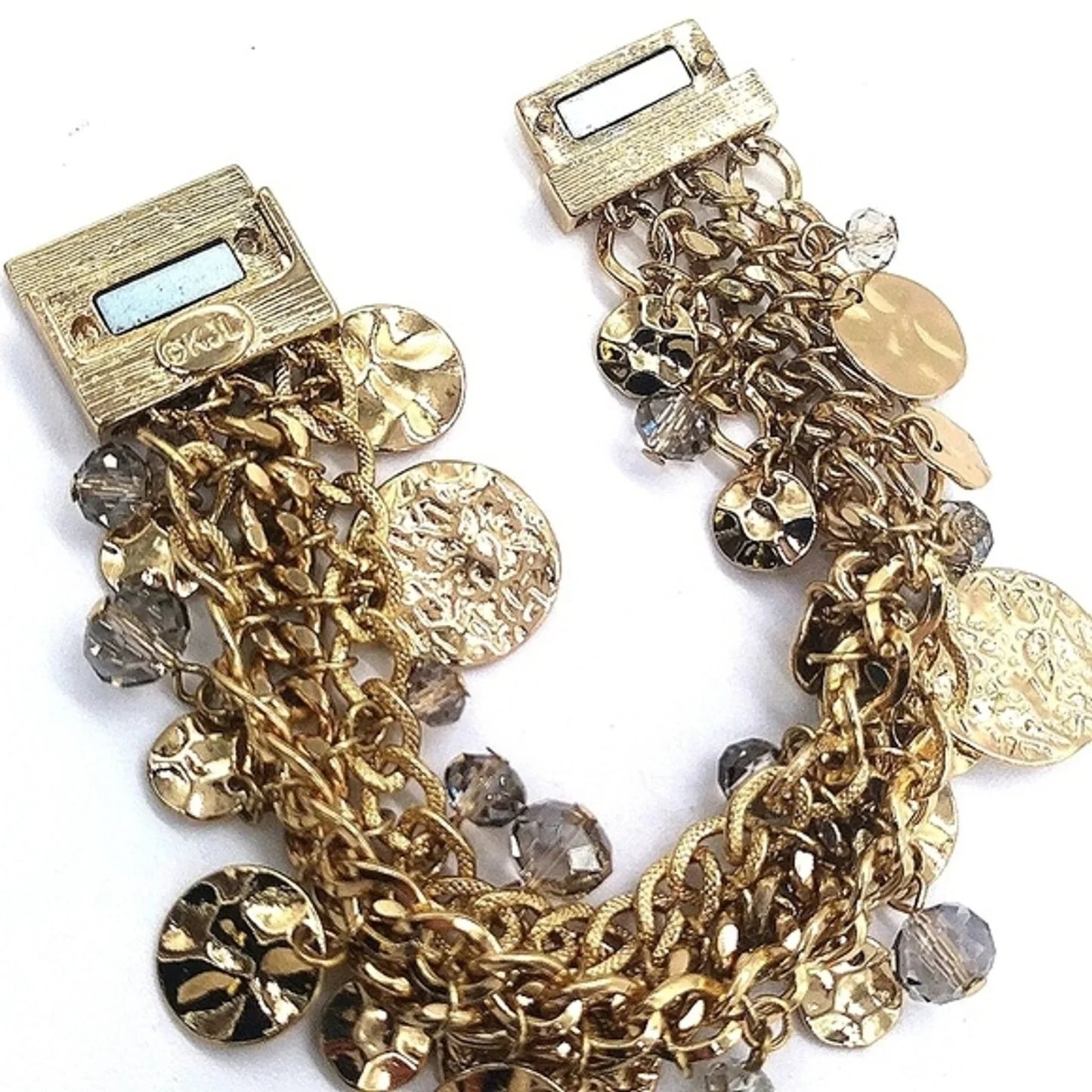 Vintage KJL Gold Hammered Disc Charm Bracelet-Aurora Borealis-Kenneth Jay Lane