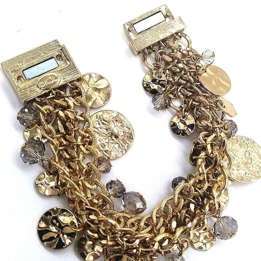 Vintage KJL Gold Hammered Disc Charm Bracelet-Aurora Borealis-Kenneth Jay Lane