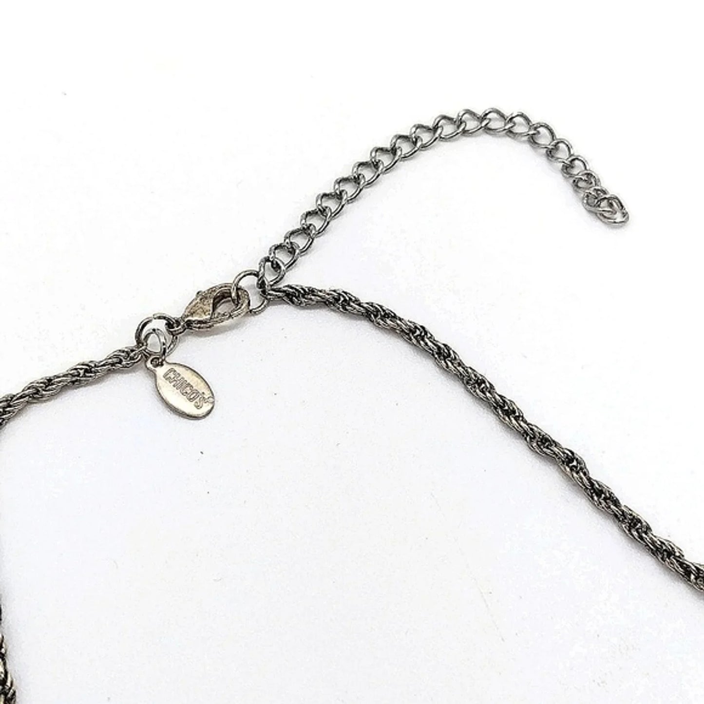 CHICO'S 18" Antique Silver Boho Statement Pendant Necklace with CZ on rope chain