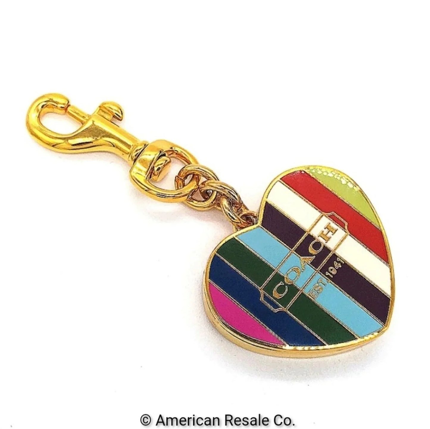 COACH Vintage Legacy Stripe Magnetic Heart Gold Locket Fob Keychain Poppy