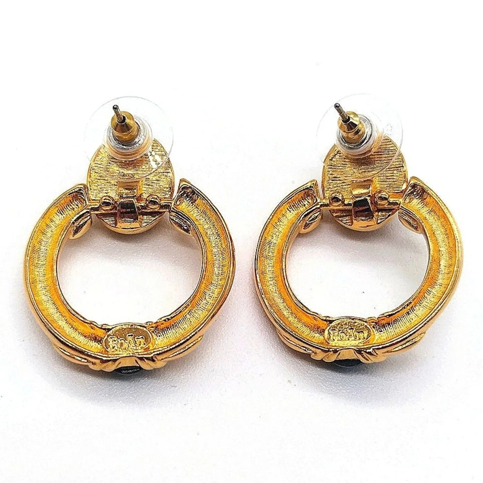 1970’s Roan Vintage Scarab Gold Plated Onyx Hoop Earrings