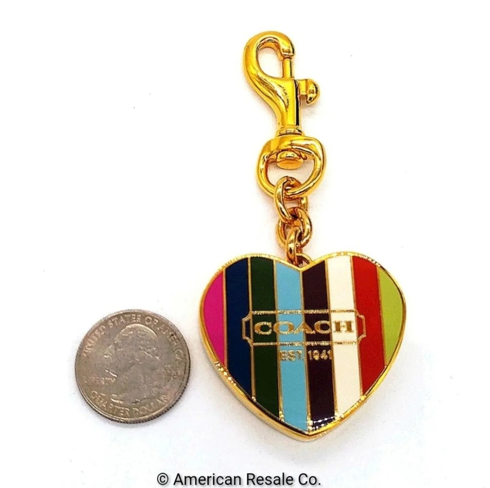 COACH Vintage Legacy Stripe Magnetic Heart Gold Locket Fob Keychain Poppy