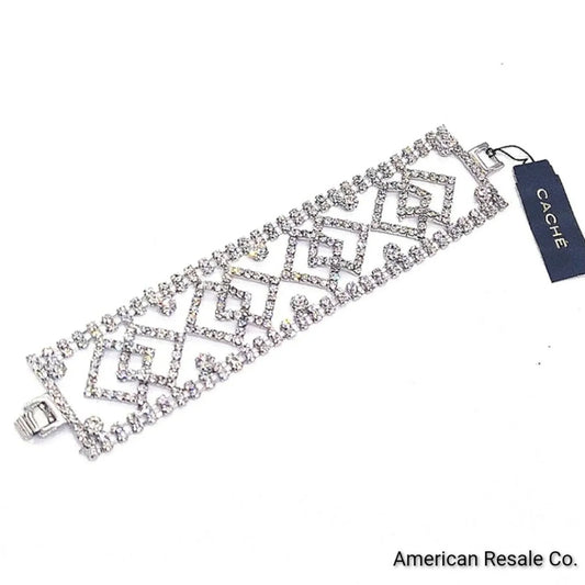 $130 CACHE Designer Crystal Tennis Bracelet and ChandelierEarrings Set-Silver