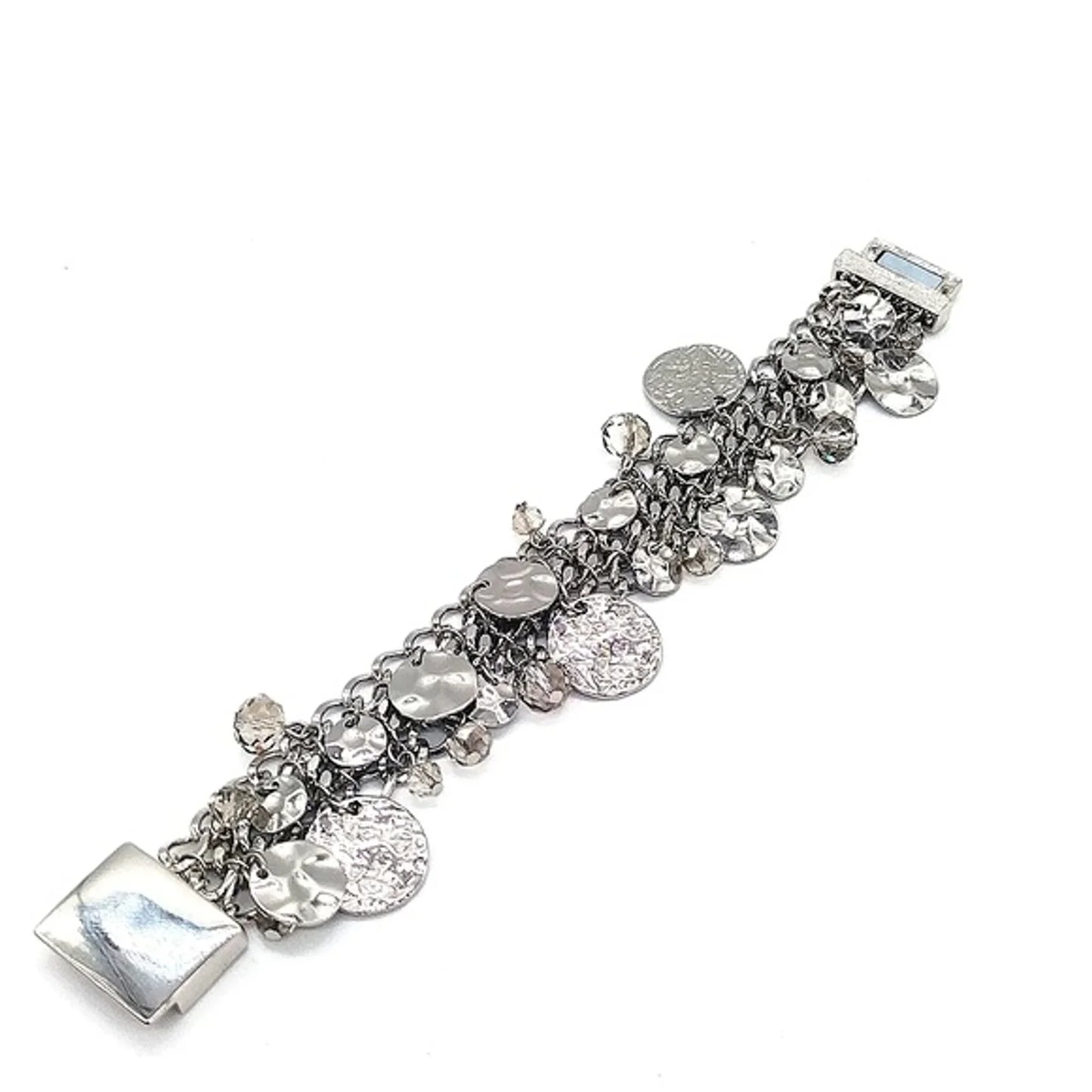 Vintage KJL Silver Hammered Disc Charm Bracelet-Aurora Borealis-Kenneth Jay Lane