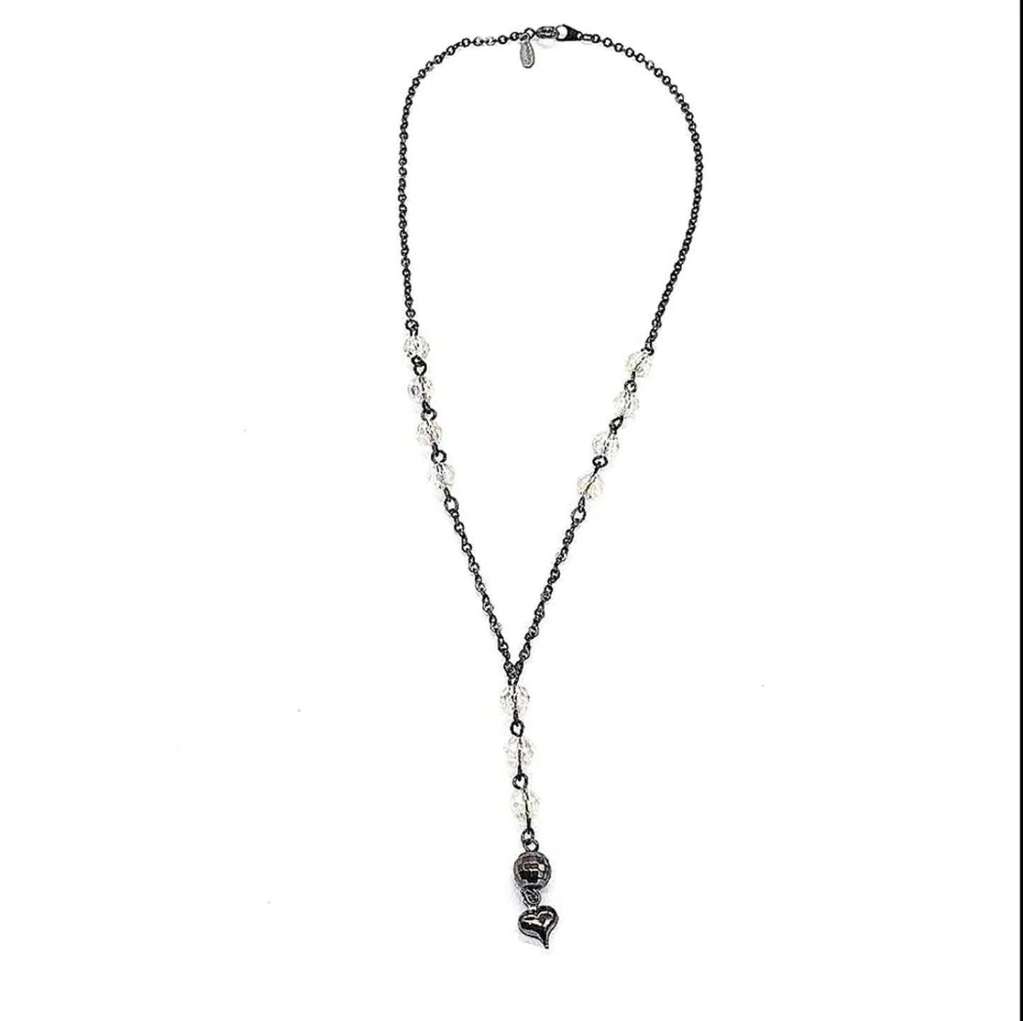 Vintage NAPIER Delicate Y Drop Beaded Heart Necklace-Gloss Black-1980-Rare-Black