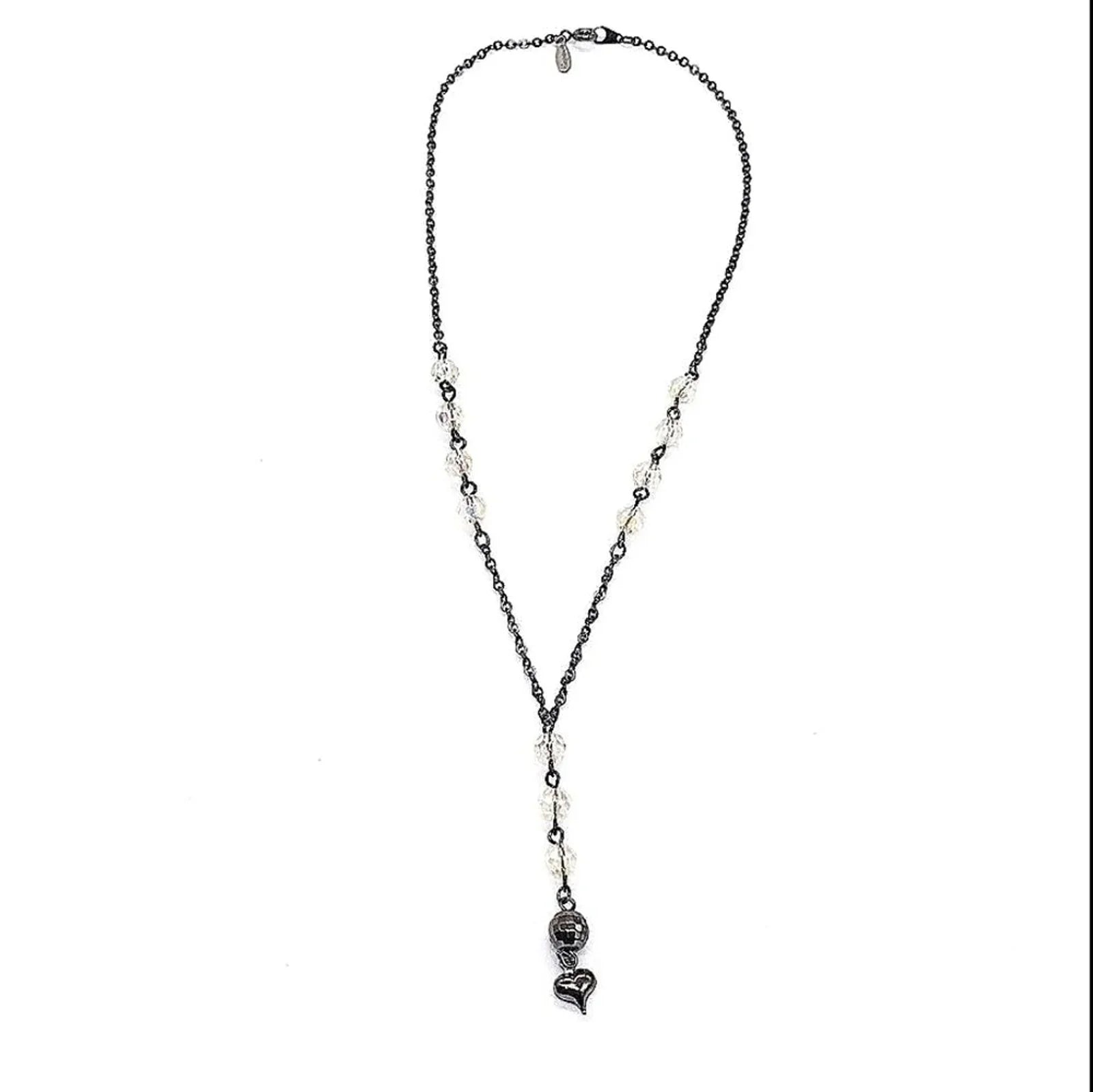Vintage NAPIER Delicate Y Drop Beaded Heart Necklace-Gloss Black-1980-Rare-Black