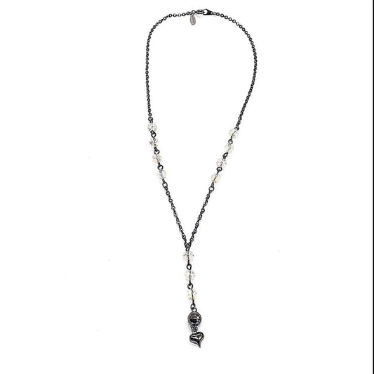 Vintage NAPIER Delicate Y Drop Beaded Heart Necklace-Gloss Black-1980-Rare-Black