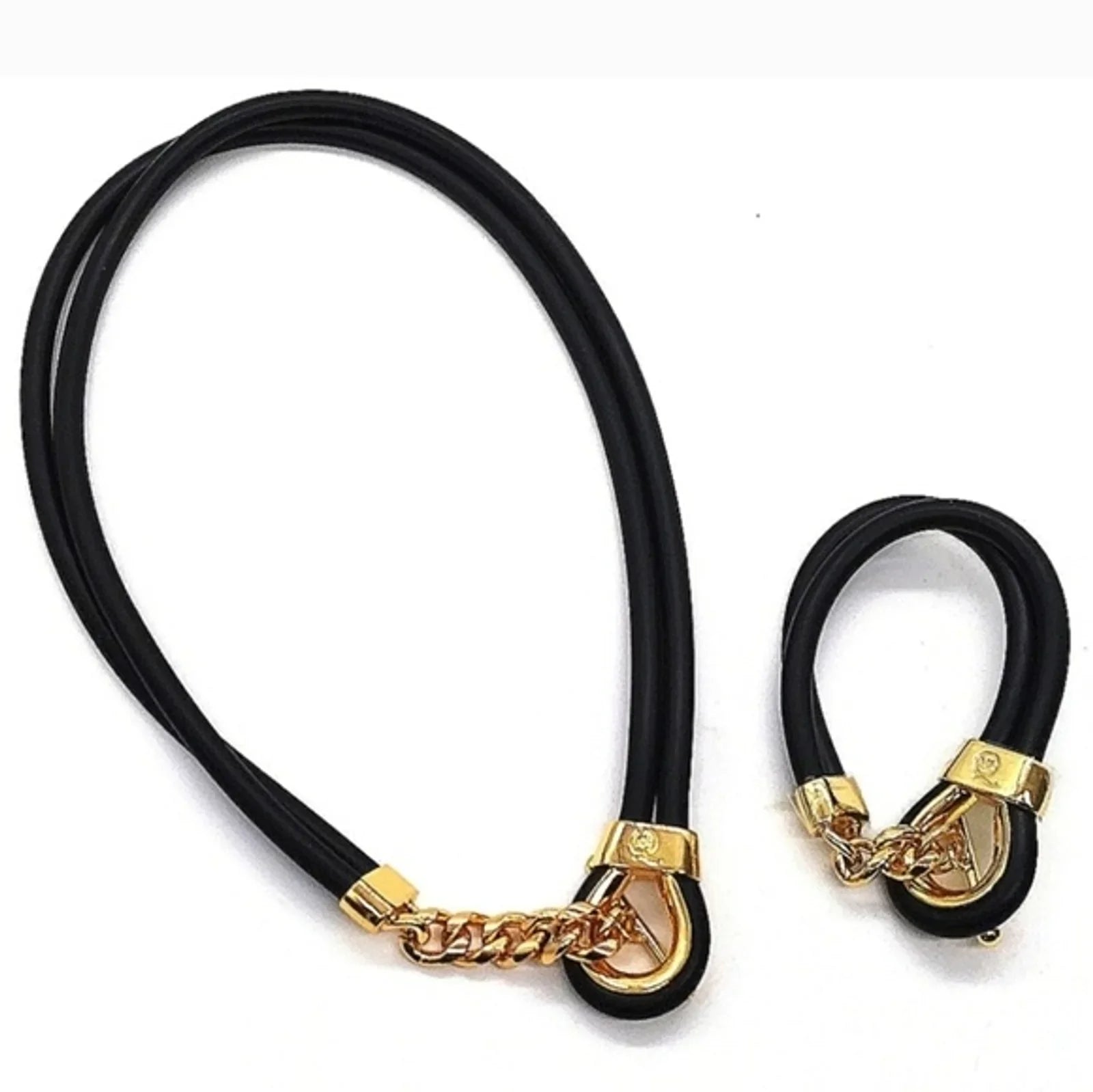 Alexander McQueen Double Layered Black Gold Rubber Corded Bracelet Necklace Set