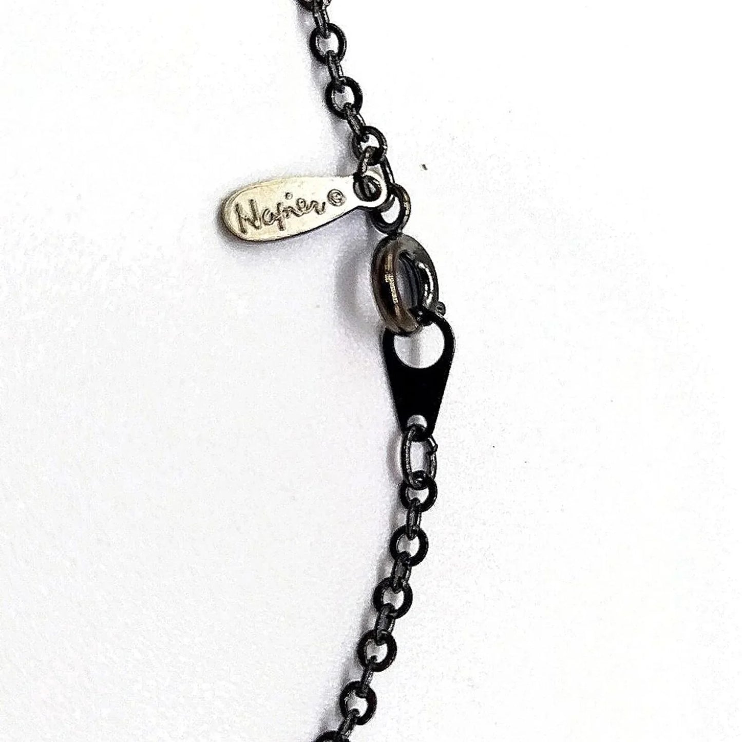 Vintage NAPIER Delicate Y Drop Beaded Heart Necklace-Gloss Black-1980-Rare-Black