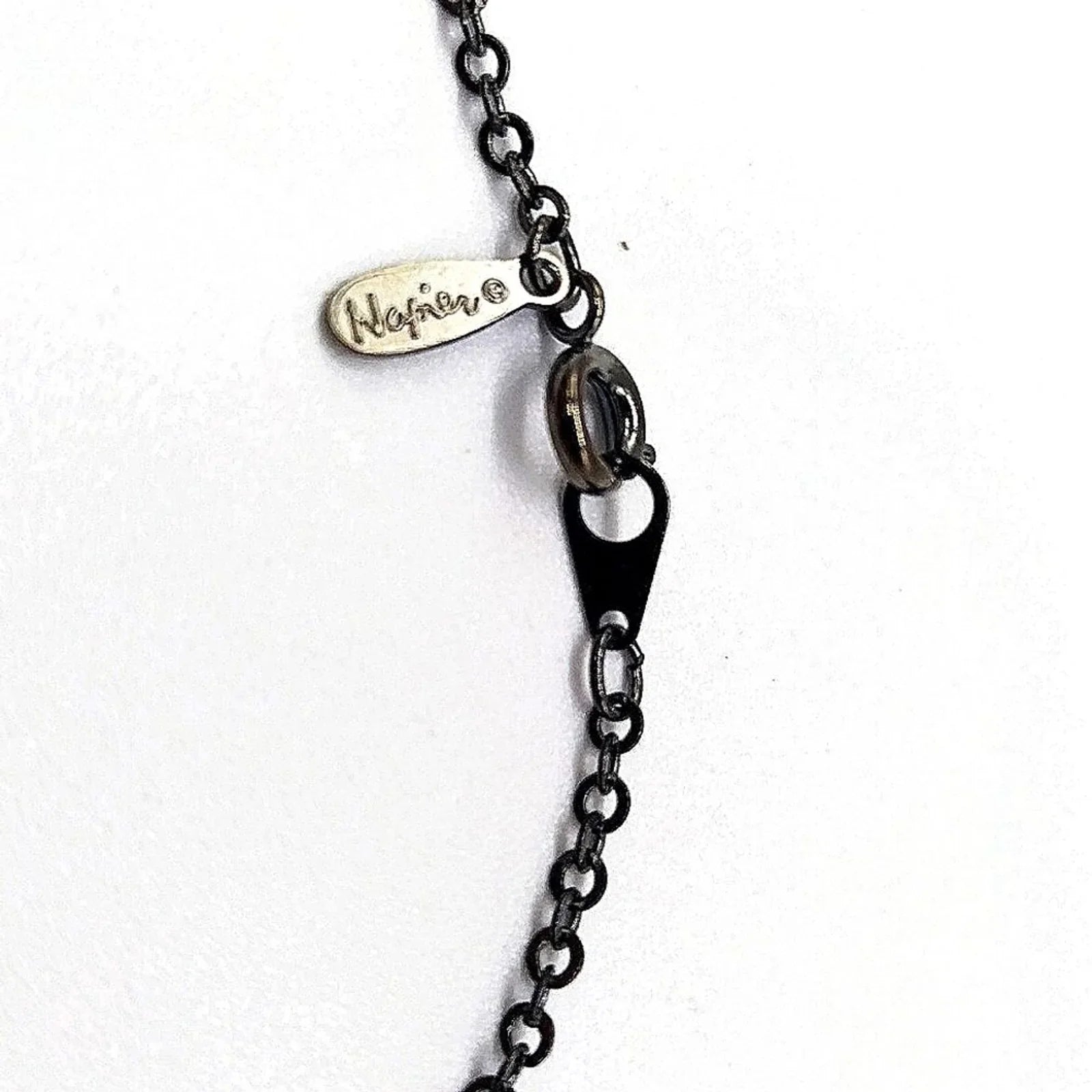 Vintage NAPIER Delicate Y Drop Beaded Heart Necklace-Gloss Black-1980-Rare-Black