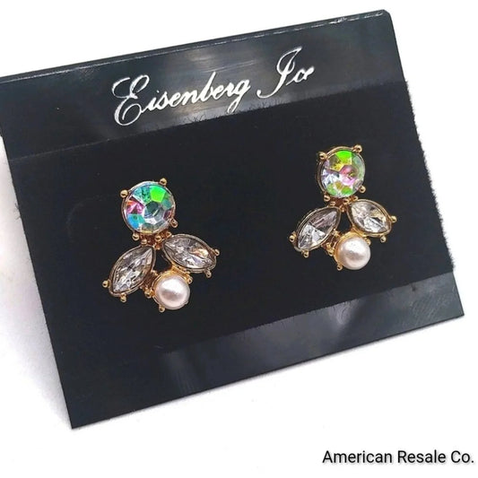 Vintage Eisenberg Ice Aurora Borealis Crystal Pearl Dangle Drop Earrings in Gold