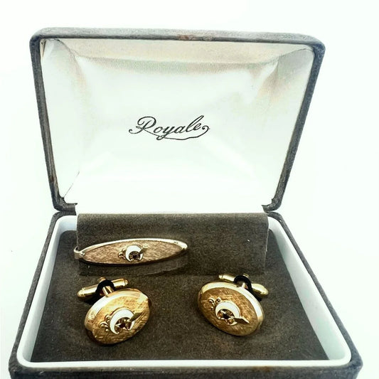 Vintage Masonic Shriner Moon Sword Gold Cuff Links Tie Bar Tie Clip Set-ROYALE