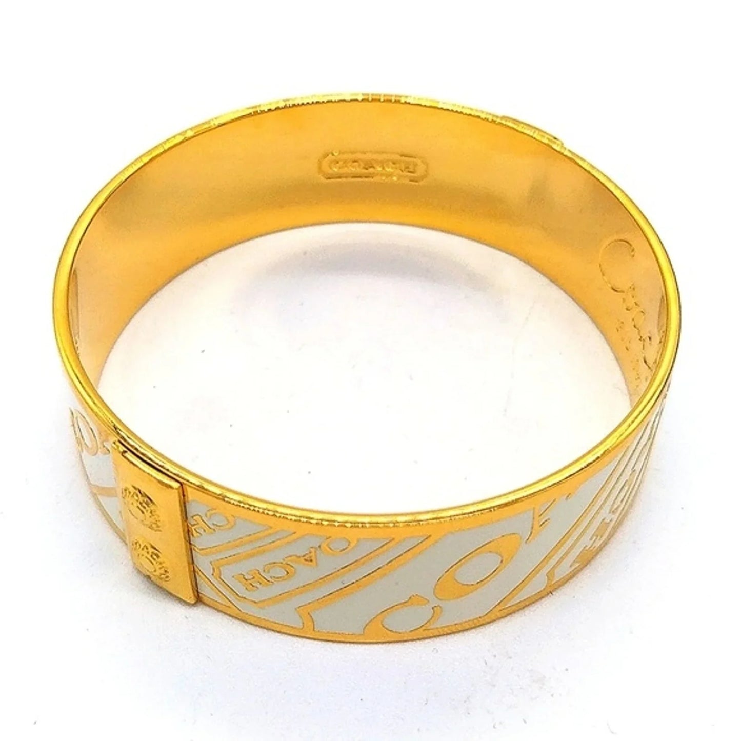 3/4" COACH Vintage Gold Plated White  Enamel Logo Bangle Bracelet-Authentic/Rare