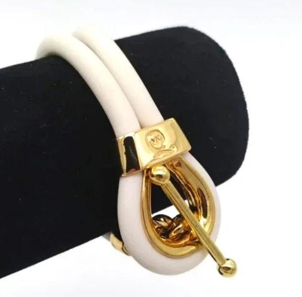 Alexander McQueen Double Layered White and Gold Rubber Corded Bracelet