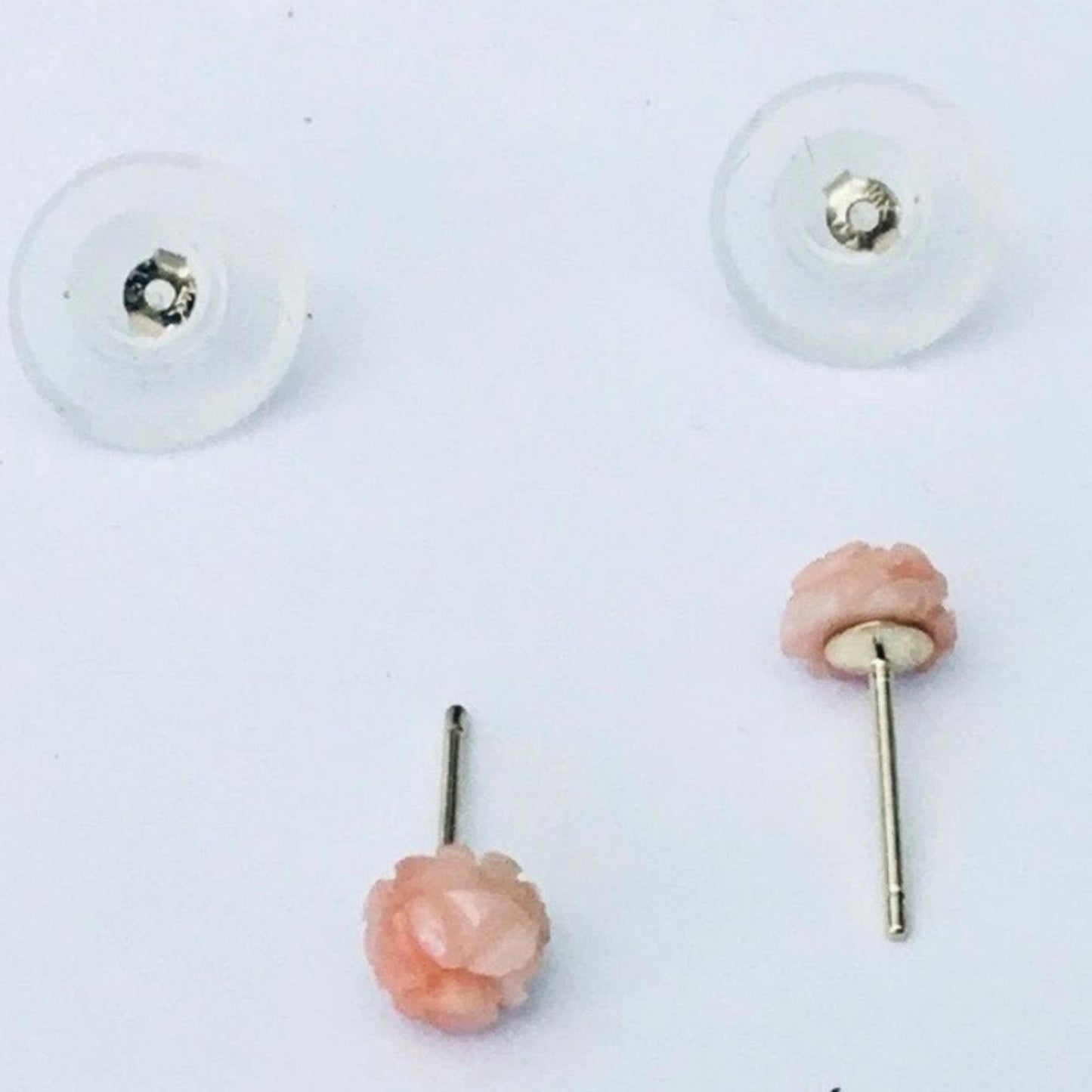 Tiny 14K Gold Natural Angel Skin REAL Coral Hand Carved Rose Flower Earrings NEW