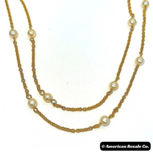 New JOAN RIVERS Vintage 48” Gold Glass Pearl Station Layered Statement Necklace