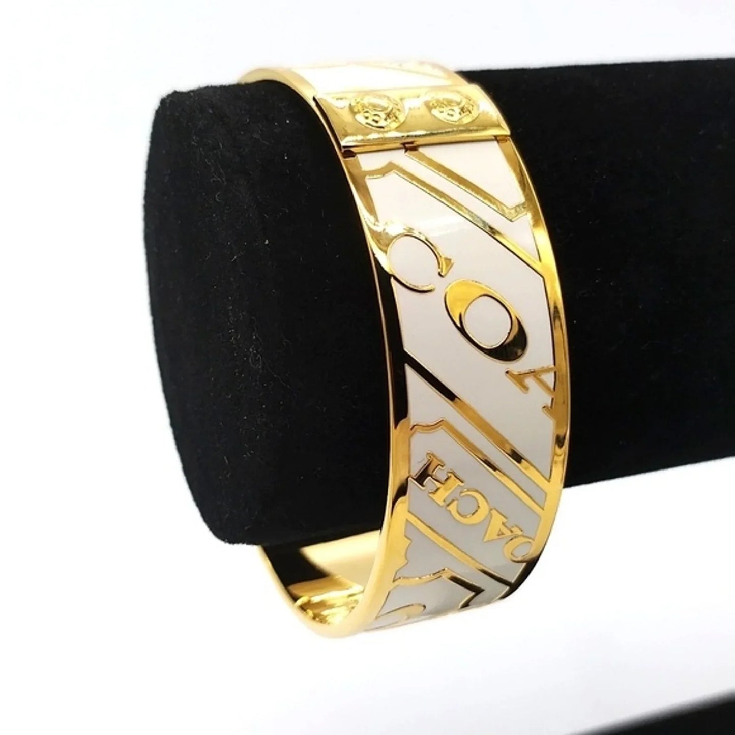 3/4" COACH Vintage Gold Plated White  Enamel Logo Bangle Bracelet-Authentic/Rare