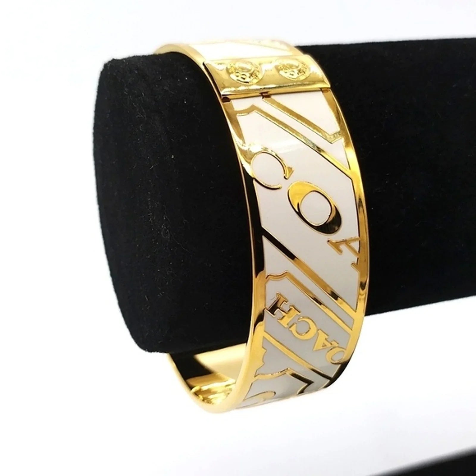 3/4" COACH Vintage Gold Plated White  Enamel Logo Bangle Bracelet-Authentic/Rare
