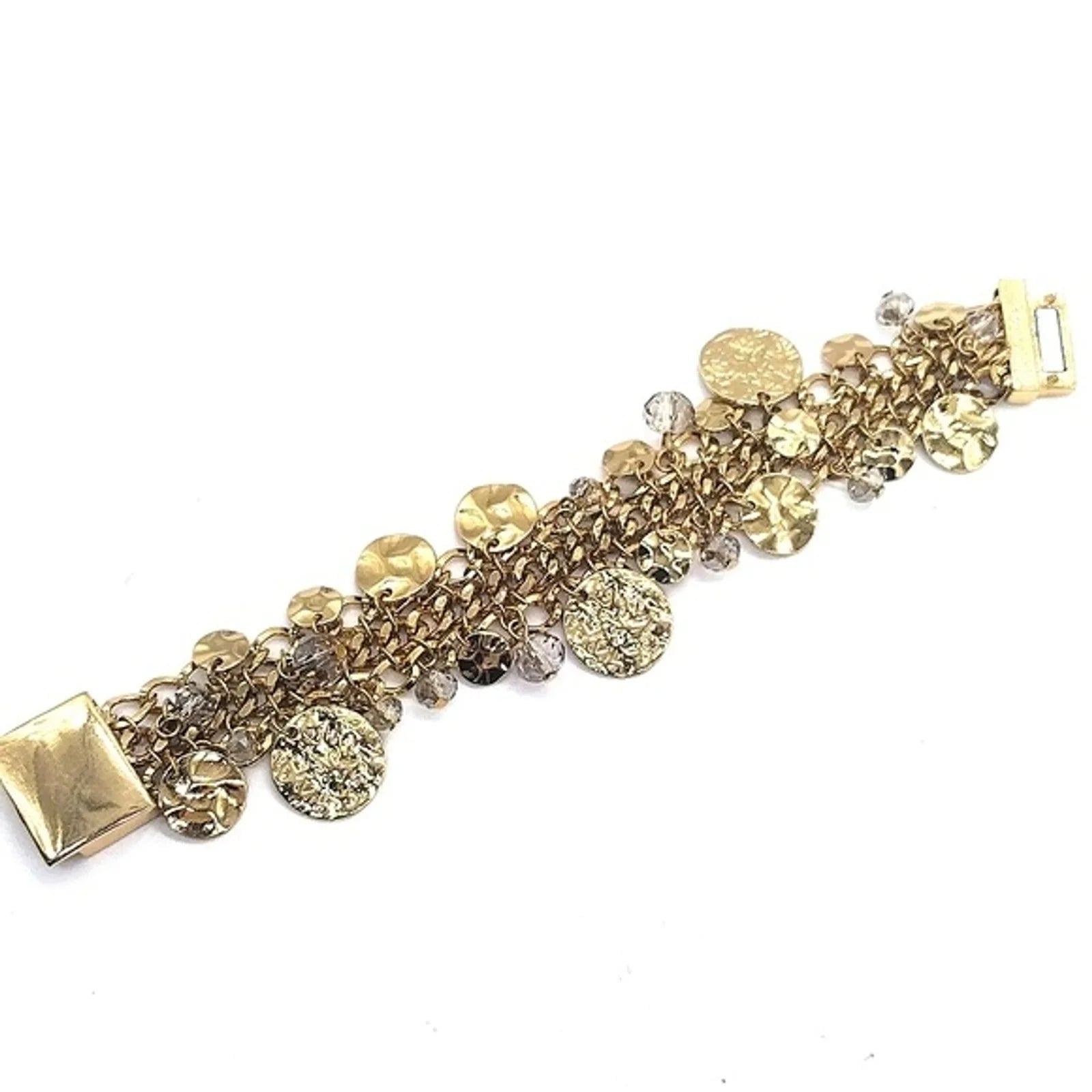 Vintage KJL Gold Hammered Disc Charm Bracelet-Aurora Borealis-Kenneth Jay Lane