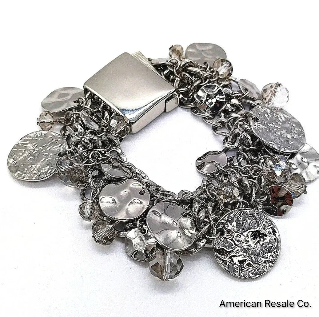 Vintage KJL Silver Hammered Disc Charm Bracelet-Aurora Borealis-Kenneth Jay Lane