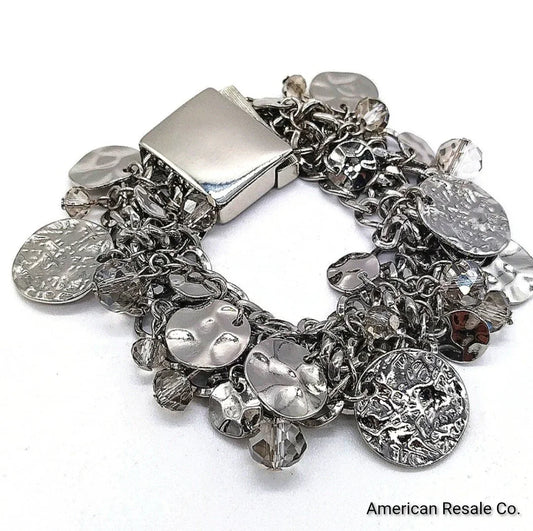 Vintage KJL Silver Hammered Disc Charm Bracelet-Aurora Borealis-Kenneth Jay Lane