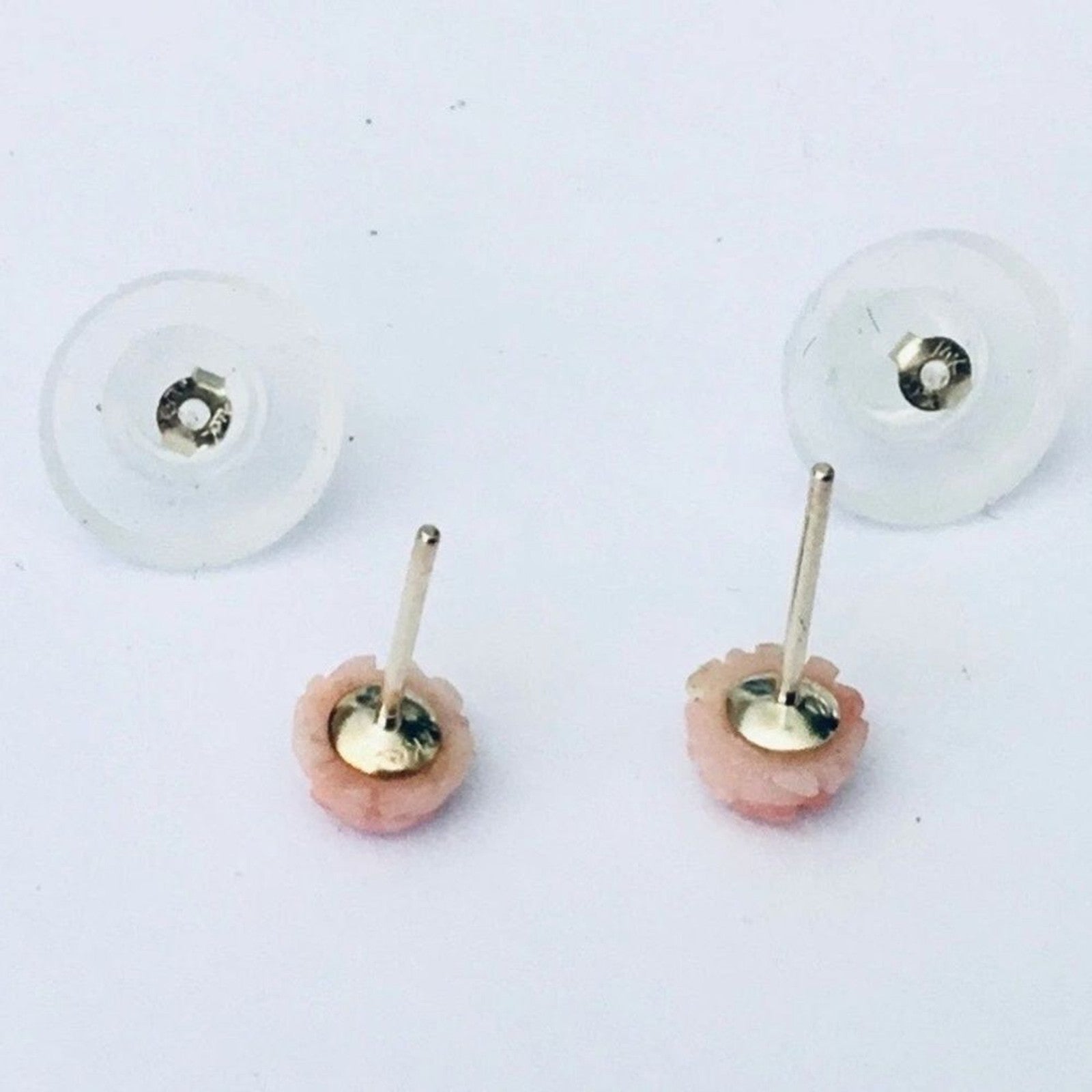 Tiny 14K Gold Natural Angel Skin REAL Coral Hand Carved Rose Flower Earrings NEW