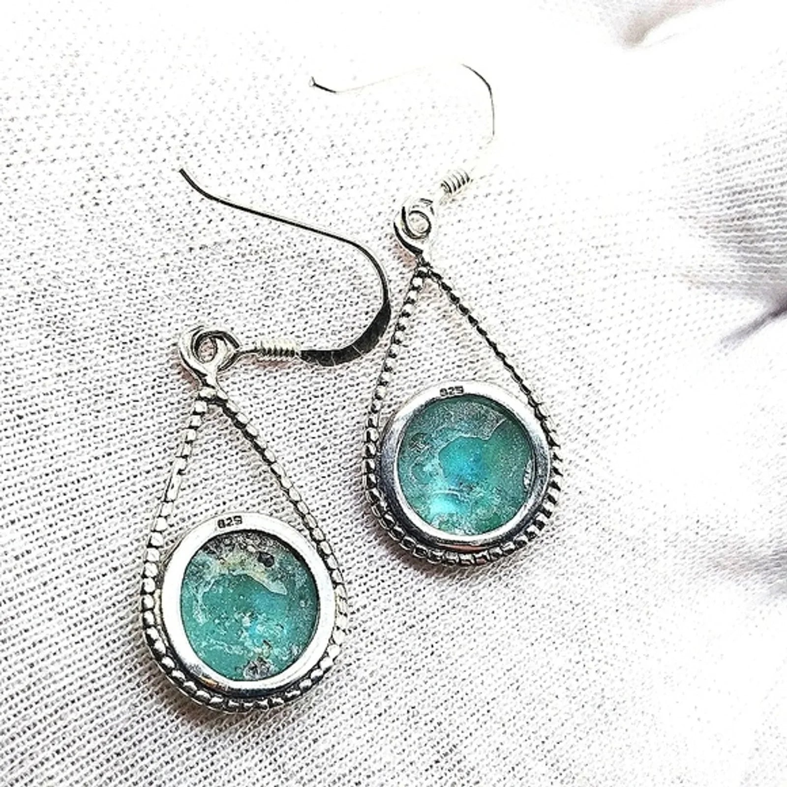 Roman Glass Dangle Drop Earrings in Sterling Silver .925