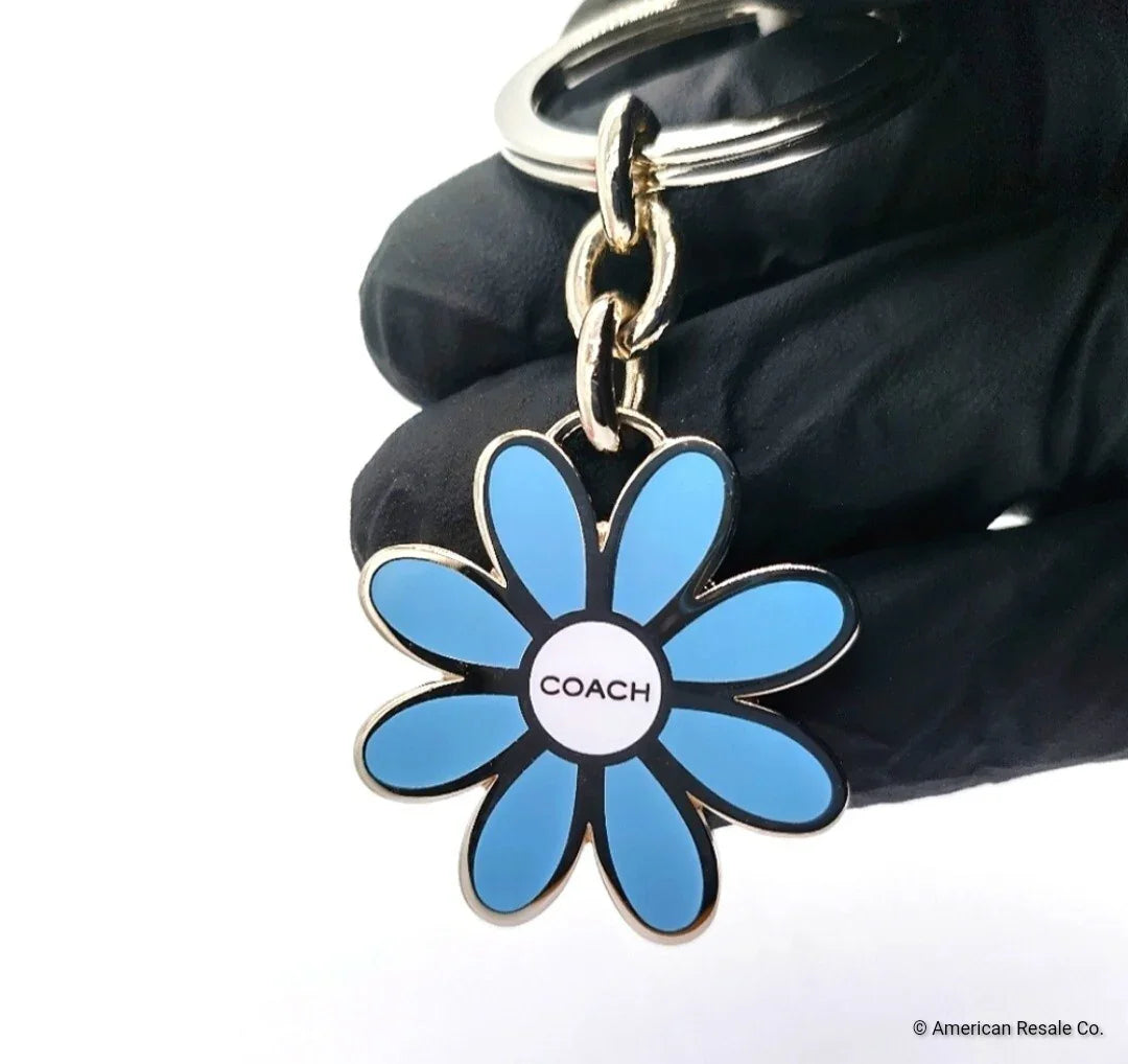 *READ* Vintage COACH Sky Blue Enamel Daisy Flower Keychain FOB Purse Charm
