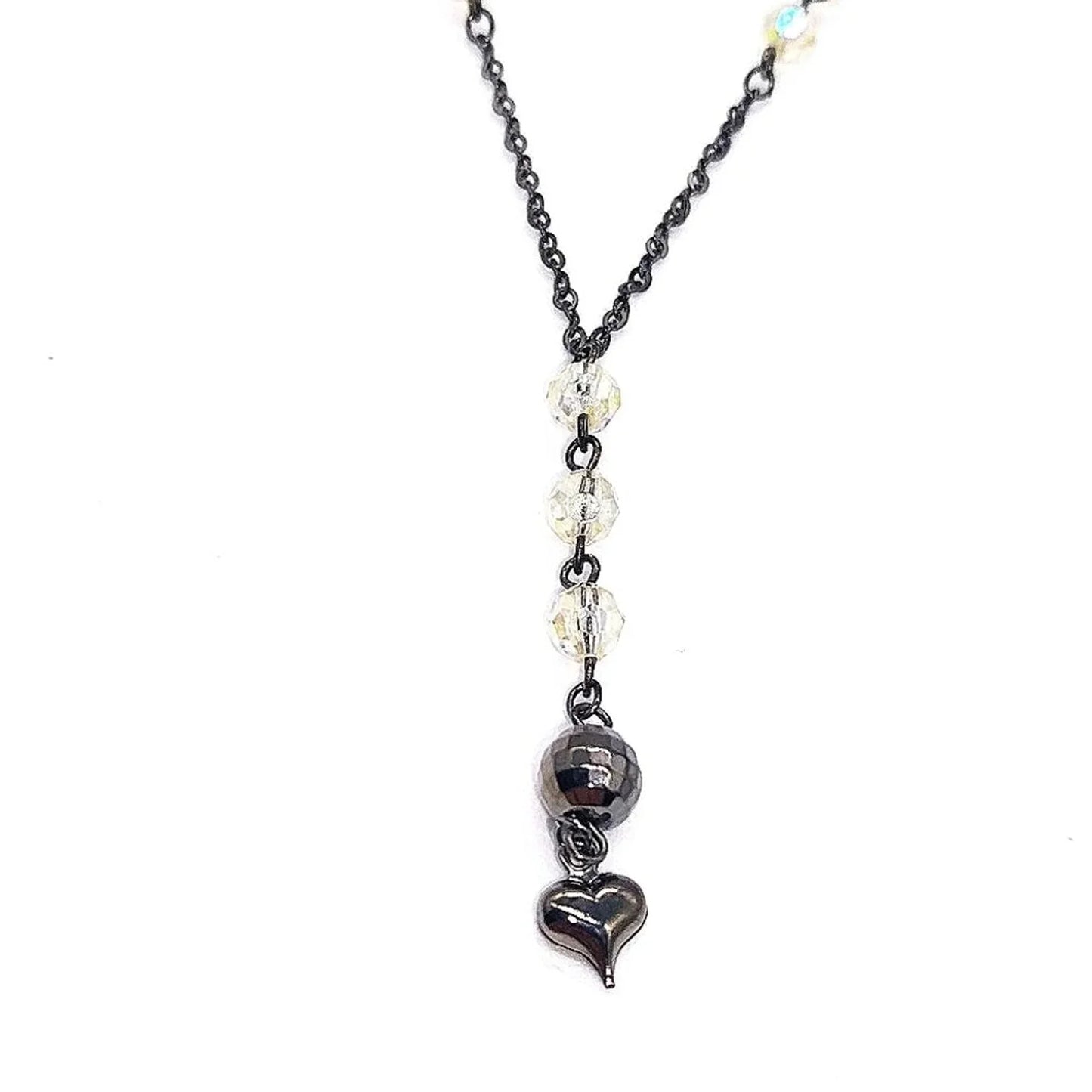 Vintage NAPIER Delicate Y Drop Beaded Heart Necklace-Gloss Black-1980-Rare-Black