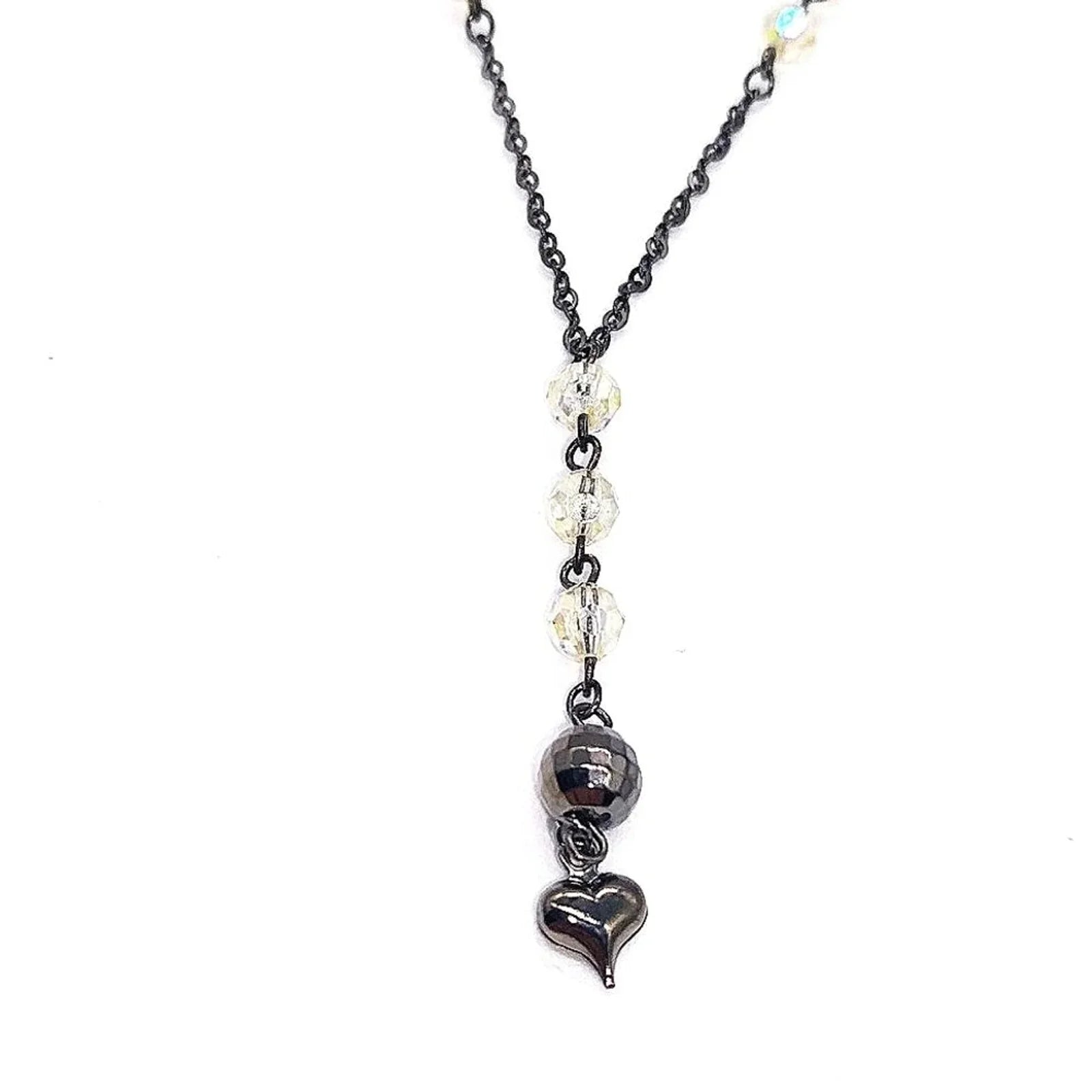 Vintage NAPIER Delicate Y Drop Beaded Heart Necklace-Gloss Black-1980-Rare-Black