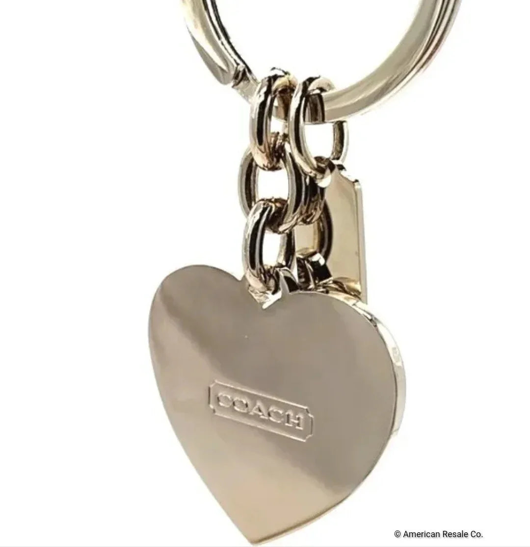 Large COACH Green Enamel SIGNATURE Heart Silver Keychain FOB Purse Charm-Rare