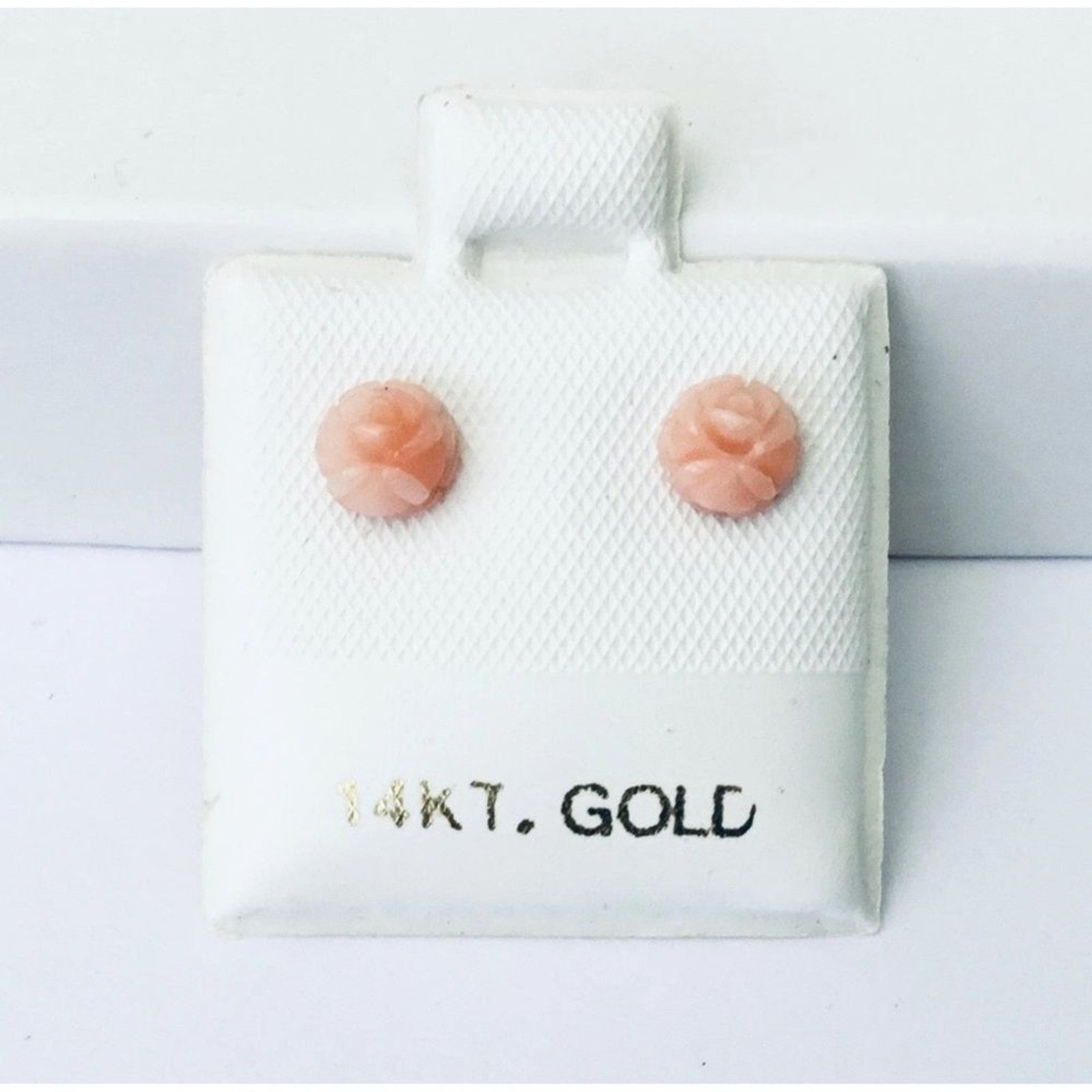 Tiny 14K Gold Natural Angel Skin REAL Coral Hand Carved Rose Flower Earrings NEW