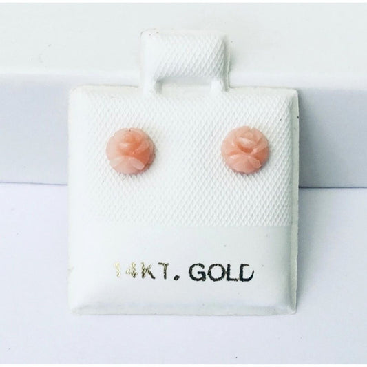 Tiny 14K Gold Natural Angel Skin REAL Coral Hand Carved Rose Flower Earrings NEW