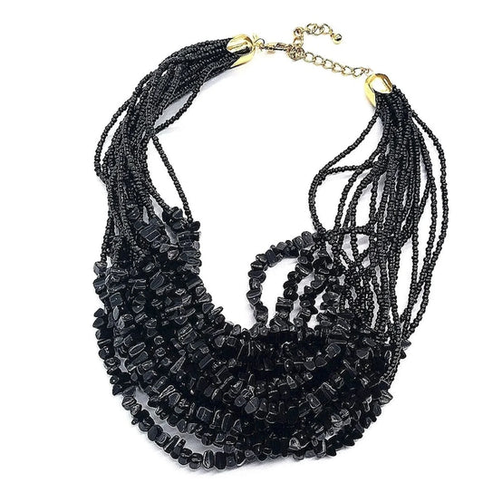 Linea Black Beaded Nugget Collar Bib Necklace by Louis Dell'Olio