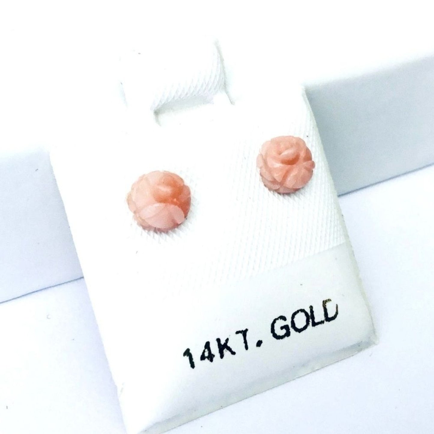 Tiny 14K Gold Natural Angel Skin REAL Coral Hand Carved Rose Flower Earrings NEW