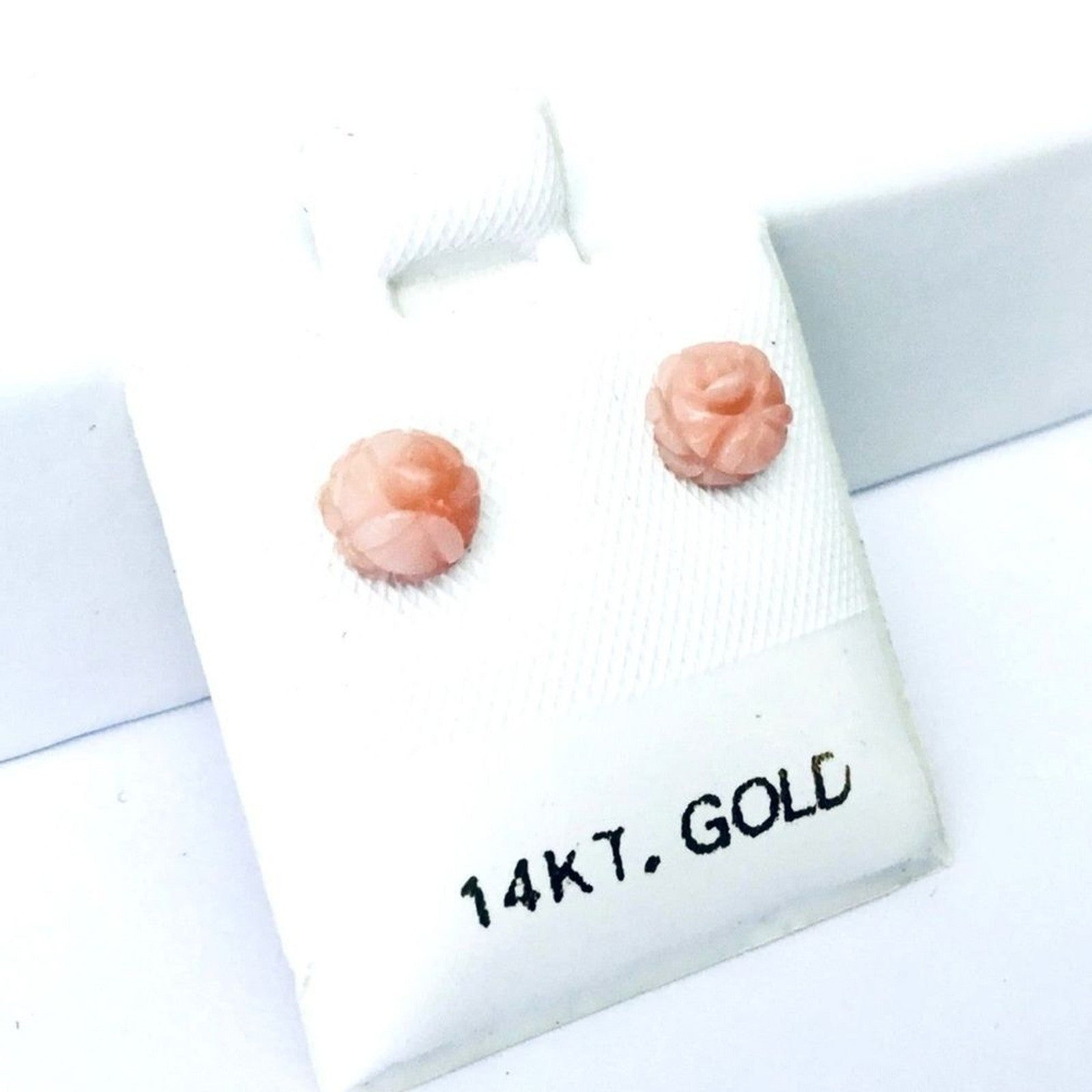 Tiny 14K Gold Natural Angel Skin REAL Coral Hand Carved Rose Flower Earrings NEW