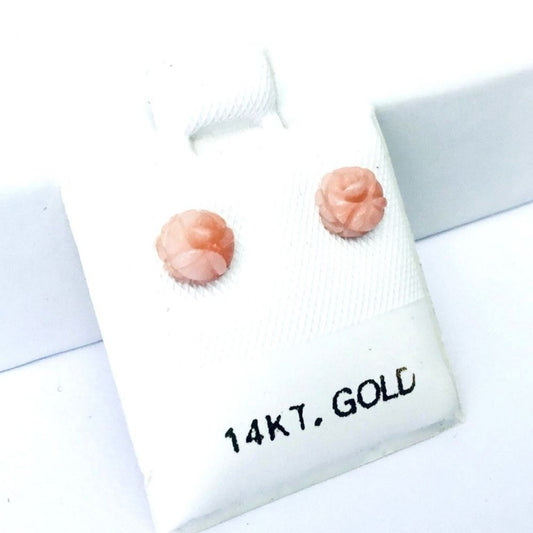 Tiny 14K Gold Natural Angel Skin REAL Coral Hand Carved Rose Flower Earrings NEW
